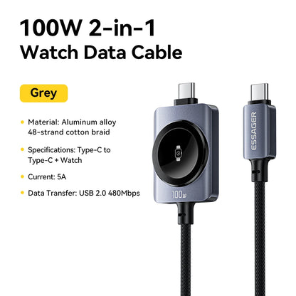 Essager Cabo Magnético 2 em 1 – 100W USB-C para iPhone e Apple Watch