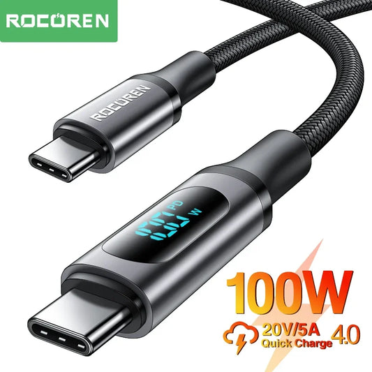 Cabo USB-C Rocoren 100W com Display LED e Carregamento Rápido 5A