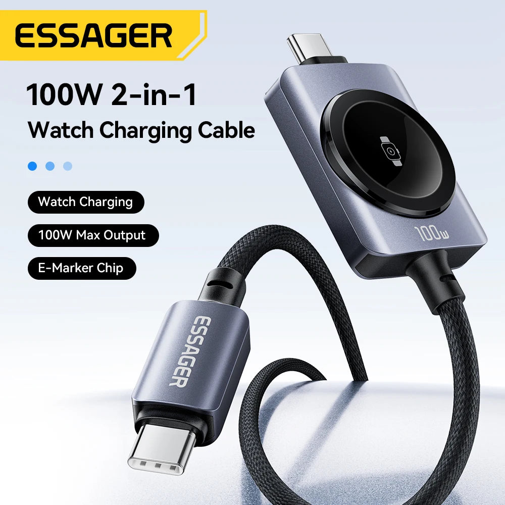 Essager Cabo Magnético 2 em 1 – 100W USB-C para iPhone e Apple Watch